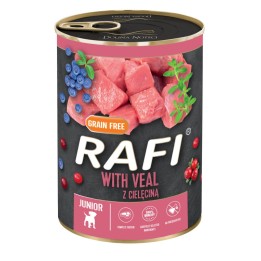 RAFI Junior kutya pástétom borjú, vörös- és kék áfonyával konzerv 400g