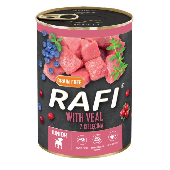 RAFI Junior kutya pástétom borjú, vörös- és kék áfonyával konzerv 400g