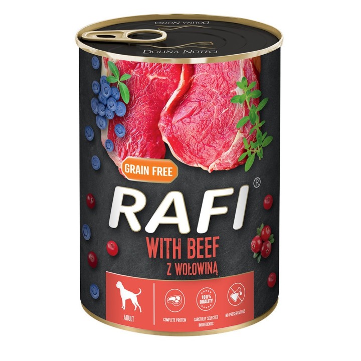 RAFI kutya pástétom marha, vörös- és kék áfonyával konzerv 400g