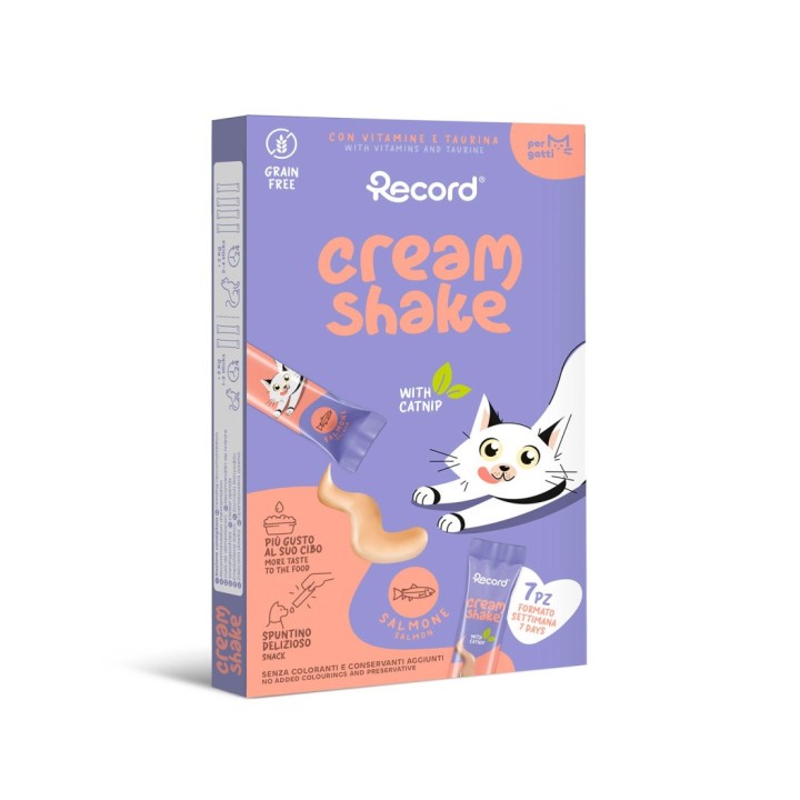 RECORD CREAM SHAKE Nedves Jutalomfalat Macskáknak Lazac és Macskamenta 7x12 g